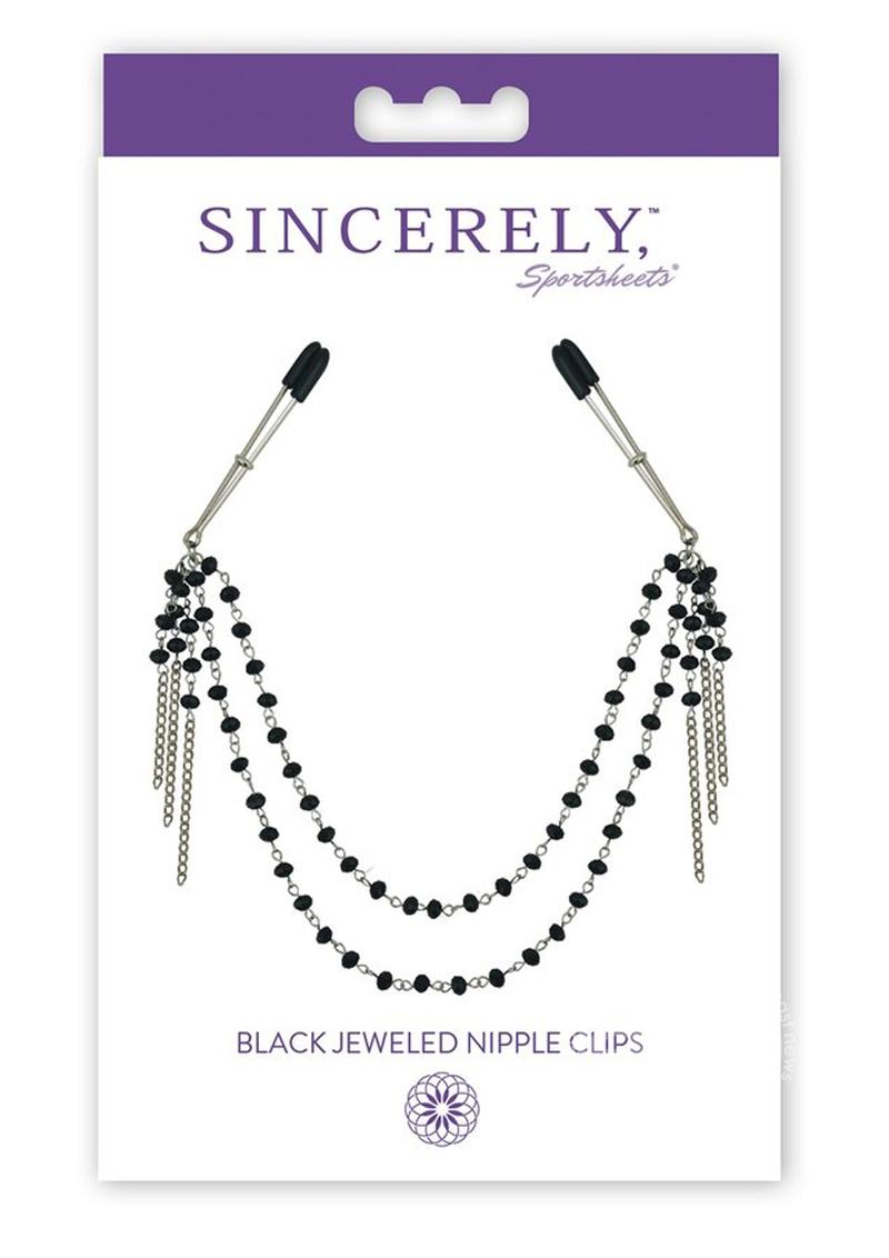 Sportsheets Sincerely Black Jeweled Nipple Clips in their box.