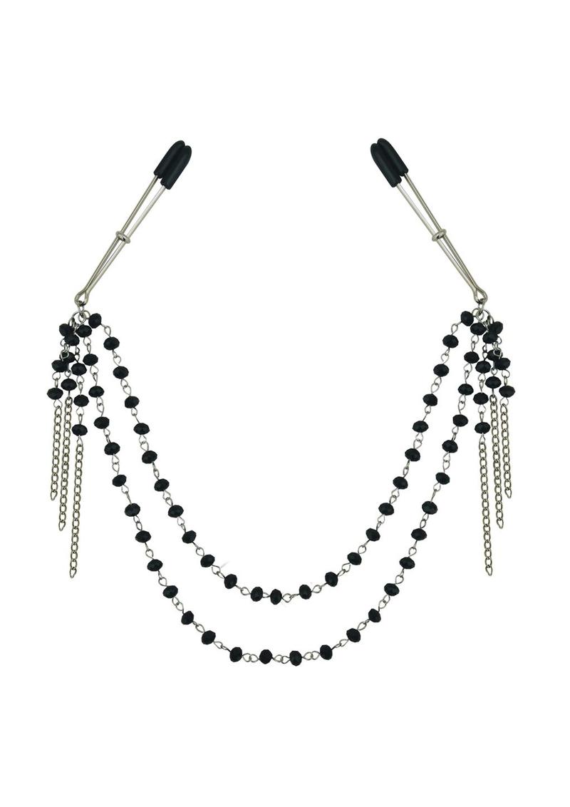 Front view image of the black jeweled nipple jewelry.