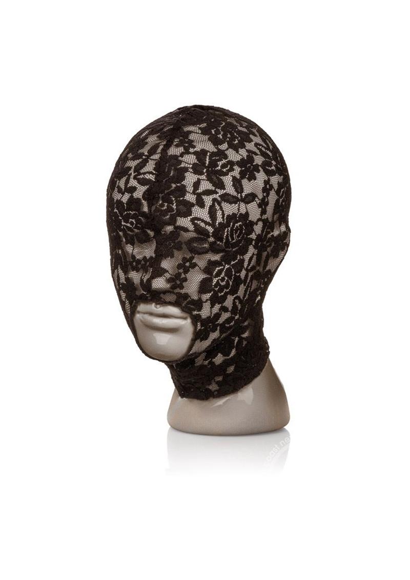 Photo of a mannequin head wearing the Scandal Corset Lace Hood (black) from CalExotics.