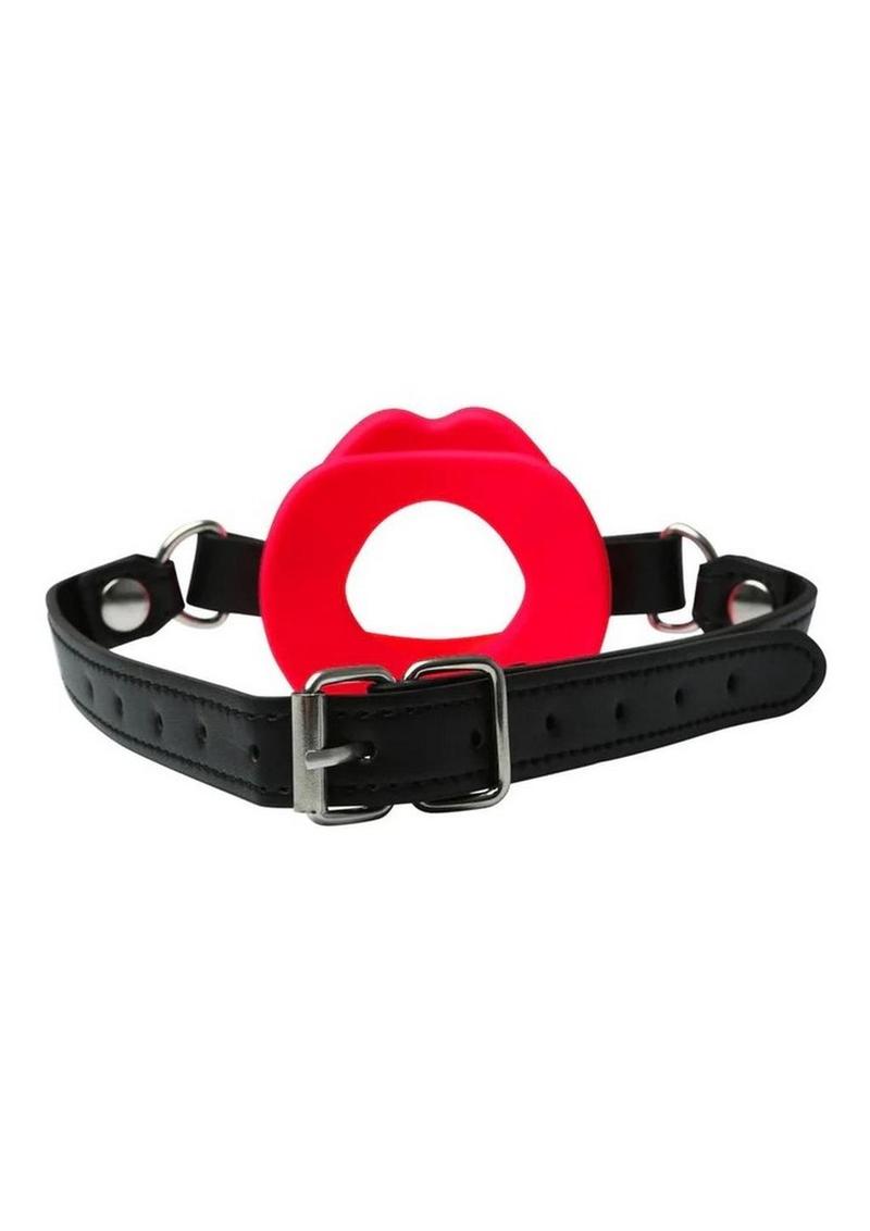 Back side of the lips mouth gag showing its internal opening diameter (red).