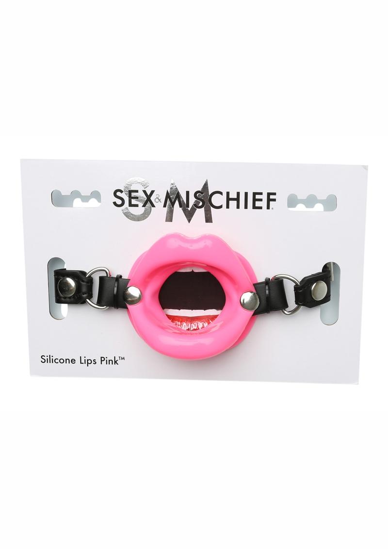 Sportsheets Sex & Mischief Silicone Lips Gag on its package (pink).