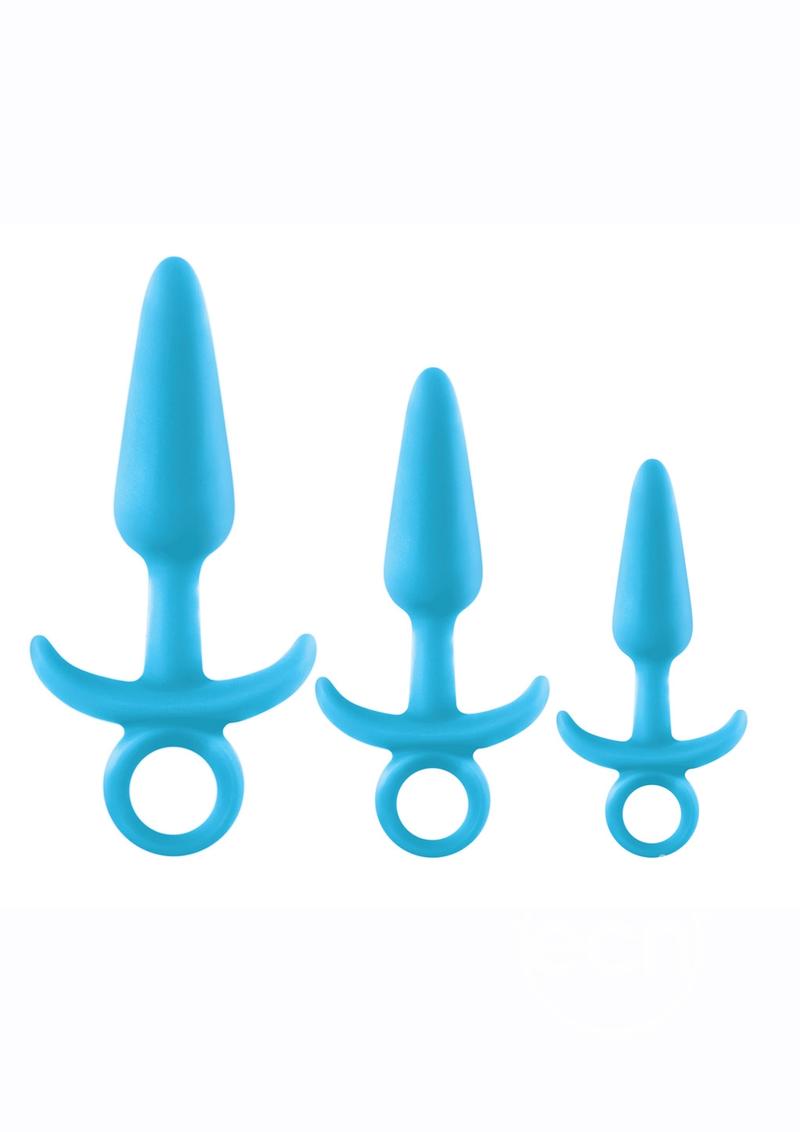 Photo shows the trio of Firefly Prince Trainer Kit Butt Plugs (3pc) from NS Novelties (blue).