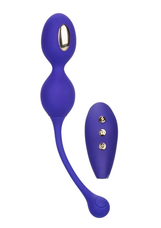 Front view of the Impulse Intimate E-Stimulator Remote Dual Kegel Exerciser, from CalExotics, and its remote. Image shows the gold stimulating plate on the toy.