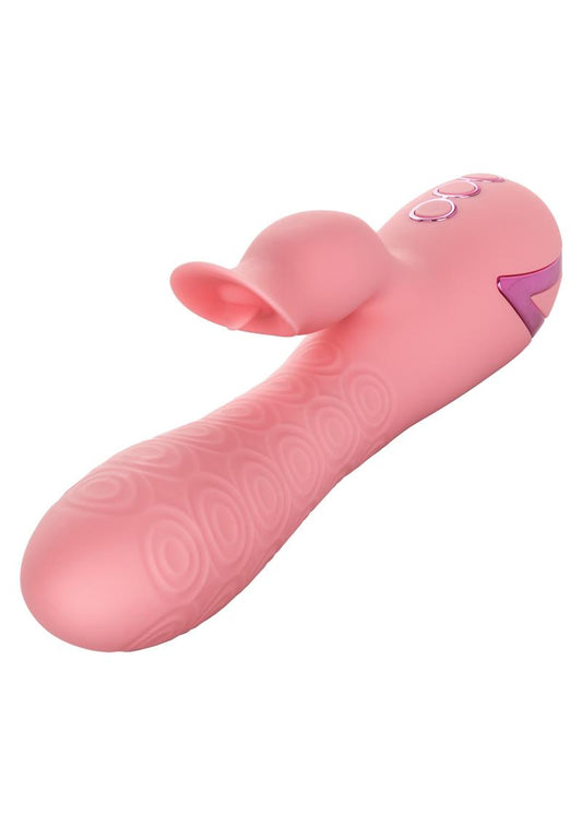 Front side angle of the vibrator shows its unique texture and flickering clit stimulator.