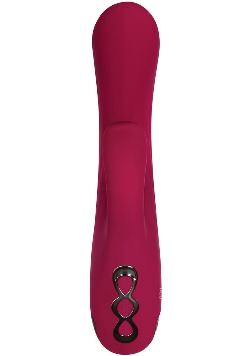 Front view of the Evolved Red Dream Rechargeable Silicone Dual Stimulating Vibrator.