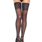Leg Avenue sheer lycra silicone stay up lace top thigh highs. Full front view. Black.