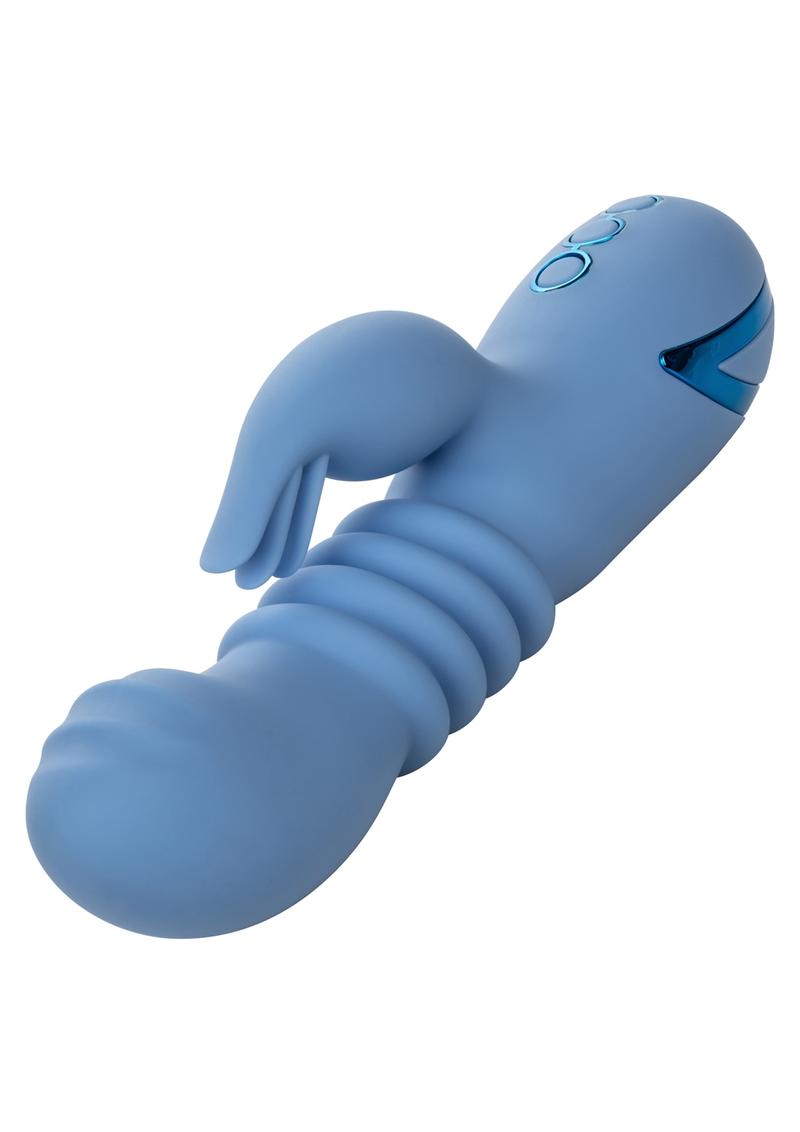 Front side angle of the toy shows its thrusting shaft, curved G-spot head and flickering clit stimulator.