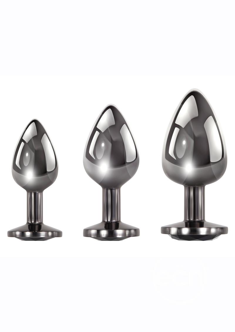 Front view of the 3 sizes of the Evolved Black Gem Anal Plugs.