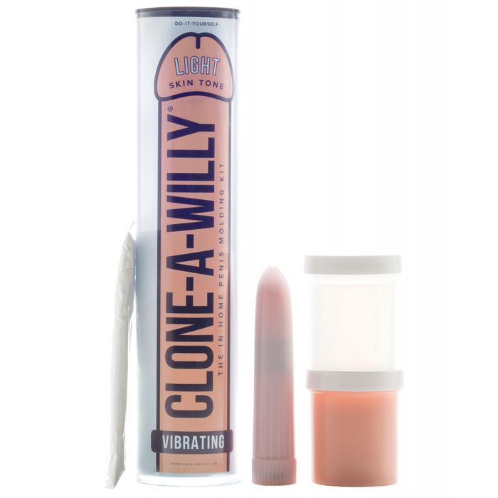 Clone A Willy kit includes: silicone, activating powder, molding tube and battery operated vibrator (light/vanilla).