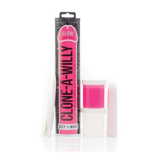 Clone A Willy kit includes: silicone, activating powder, molding tube and battery operated vibrator (glow in the dark pink).
