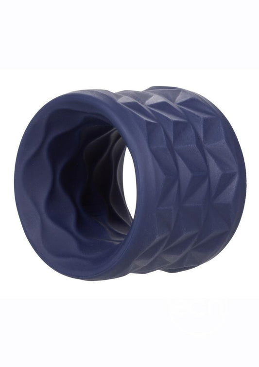 Side angle view of the Viceroy Reverse Endurance Cock Ring from CalExotics (blue) shows its 2 different textures on the inside and outside.