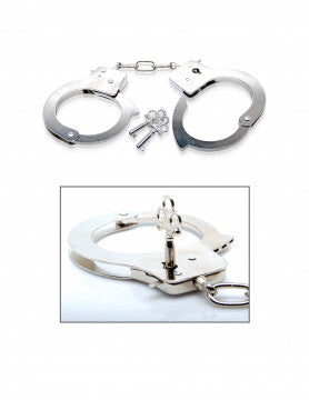 Double photo shows the Fetish Fantasy Series Metal Handcuffs from Pipedreams (silver) with a close-up of the keys and how they unlock the cuffs.