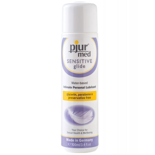 Photo of the front of the bottle of pjur Med Sensitive Glide Water Based Lubricant 100ml.