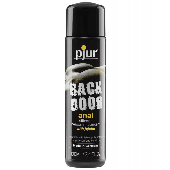 Photo of the front of the bottle of pjur Back Door anal silicone lube with jojoba 100ml.