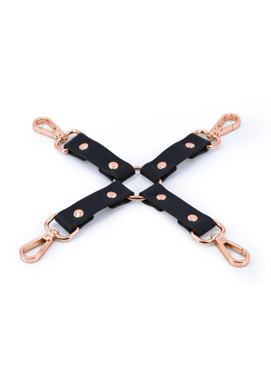 Top view of the Bondage Couture Hog Tie from NS Novelties (black) shows its rose gold hardware and classic look.