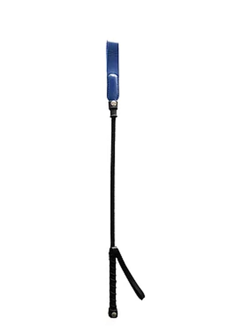 Photo of the Rouge Leather Short Riding Crop w/ Slim Tip (blue) shows its thin design.