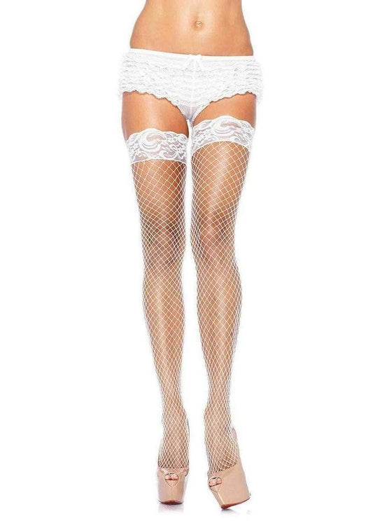 Leg Avenue spandex industrial net thigh highs with lace top. Full front view. White. 
