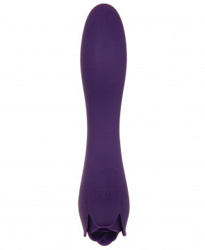 Front view of the Thorny Rose Rechargeable Silicone Dual-Ended Vibrator and Clitoral Flicker from Evolved shows its petal shaped clit stimulator.