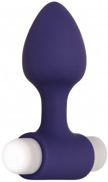 Close-up view of one of the Evolved Dynamic Duo Rechargeable Silicone Vibrating Butt Plug Set (purple).
