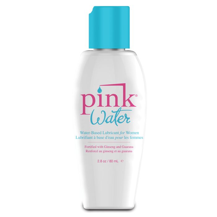Photo shows the 2.8oz bottle of Pink Water, water-based lubricant.