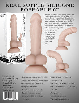 Back of the  Evolved Real Supple Silicone Poseable Dildo w/ Balls (6in) box. Light tone.