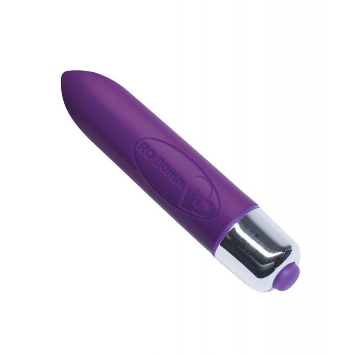 Angled view of the RO 80mm Color Me Orgasmic Bullet from Rocks Off (purple) shows its simple control button and compact design.