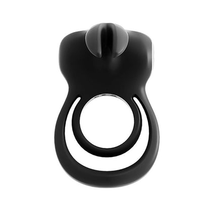 Front facing view of the cock ring showing the difference in diameter of the rings as well as the vibrating ears (black.