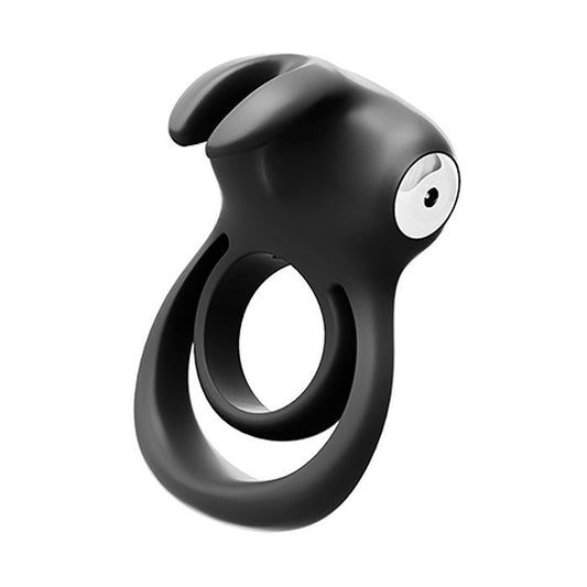 Side angle view of the cock ring showing its double rings, long vibrating ears and clitoral nub. You can also see the charging port on the side (black).