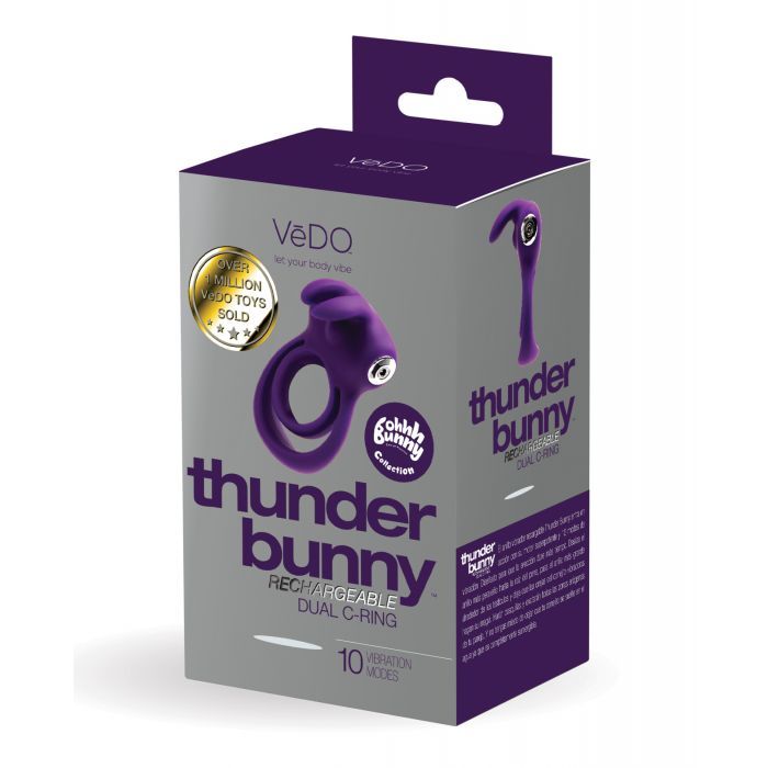 VeDO Thunder BUnny Dual Cock Ring in its box (purple).
