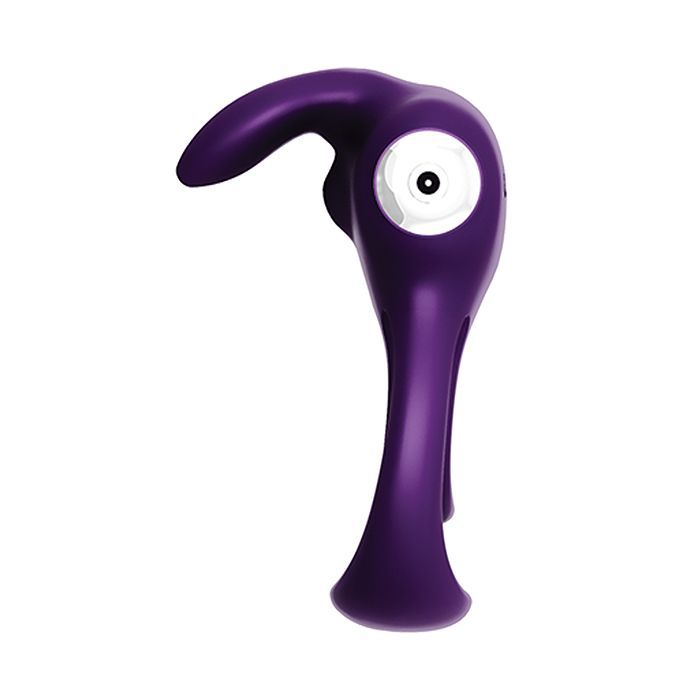 Side view of the cock ring showing the width of the larger ring and length of the ears as well as where to plug in the charging cord (purple).
