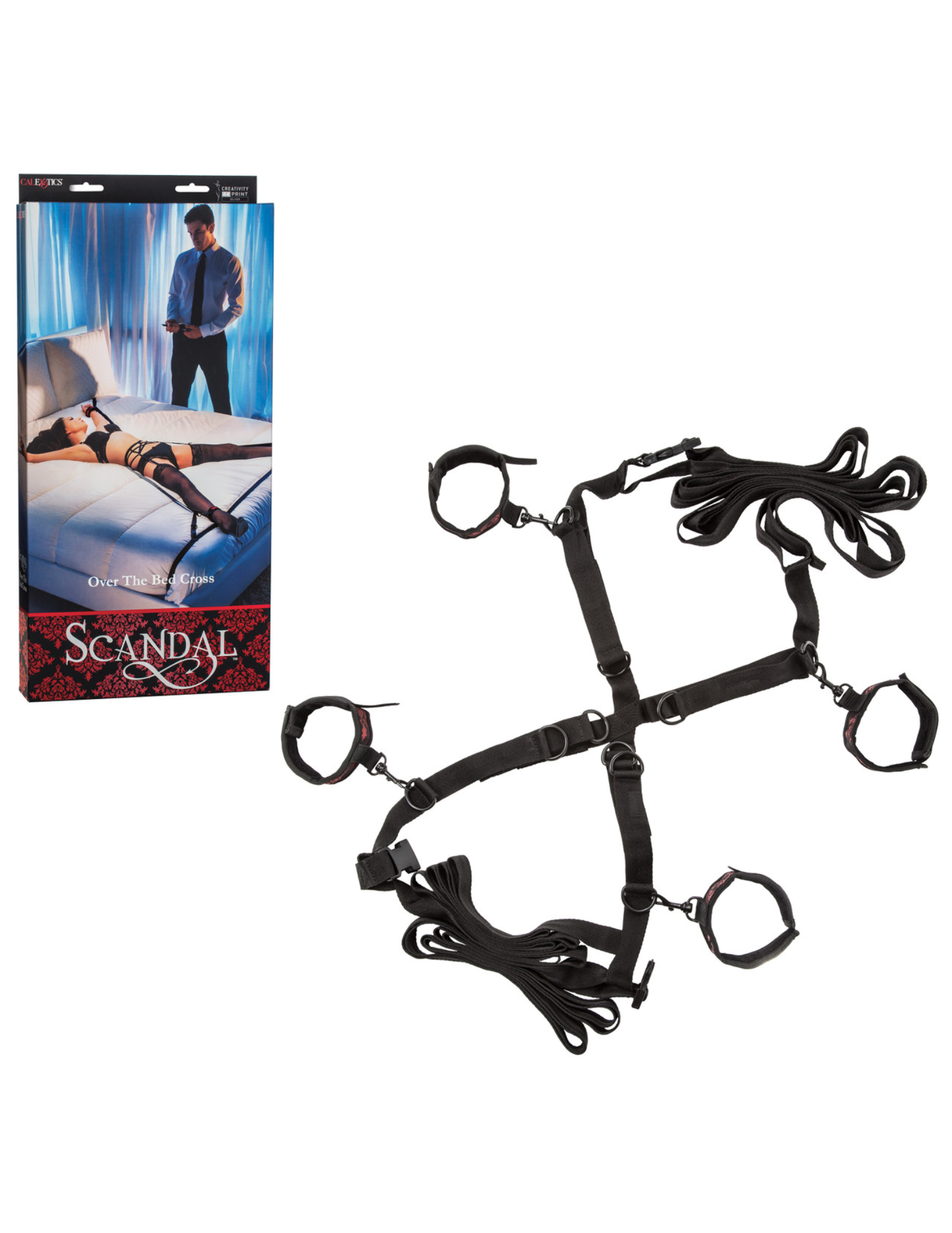 Photo of the Scandal Over the Bed Cross Restraints from CalExotics, next to its box.