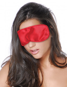 Photo of a model wearing the Fetish Fantasy Satin Love Mask from Pipedreams (red).