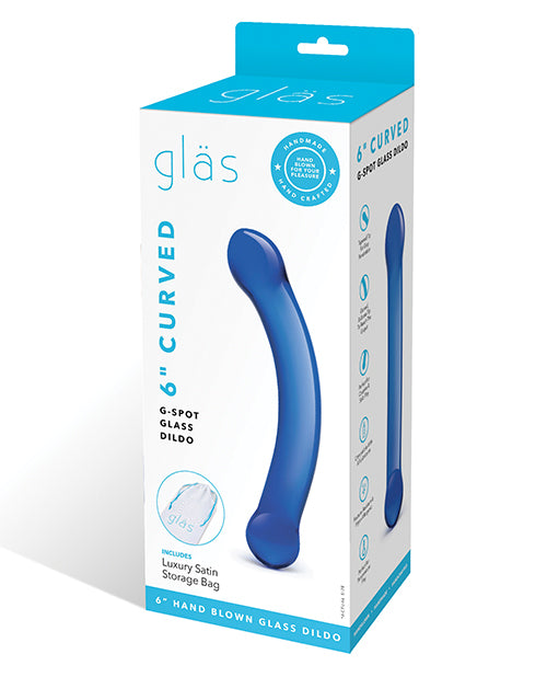 Glas 6in Curved G-Spot Glass Dildo (blue) in its box.