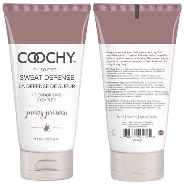 Photo of the front and back of the bottle of Coochy Sweat Defense by Classic Brands (Peony Prowess).