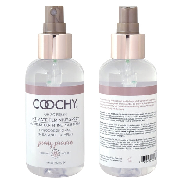 Photo of the front and the back of the bottle of Coochy Intimate Feminine Spray (4oz) from Classic Brands (Peony Prowess).