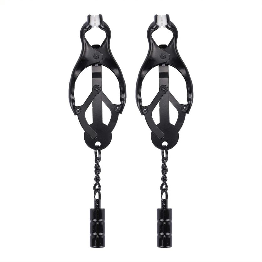 Front view of the clover nipple clamps show their length and structure (black).