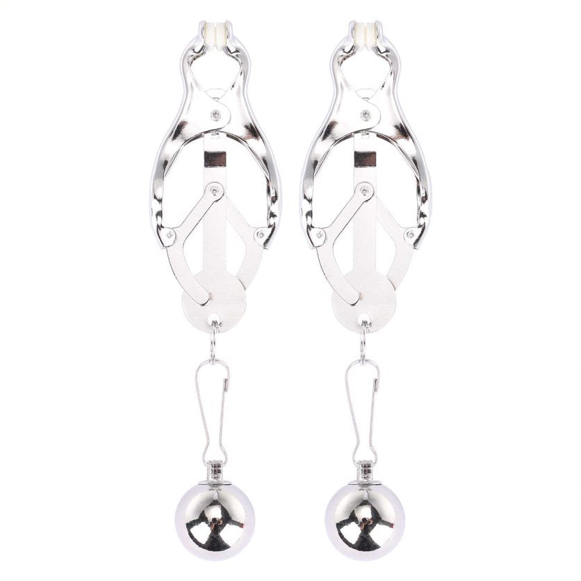 Front view of the clover nipple clamps show their length and structure (silver).