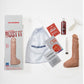 Image shows everything that comes with the toy: dildo, suction cup, storage bag, nut butter, syringe and instructions (vanilla).