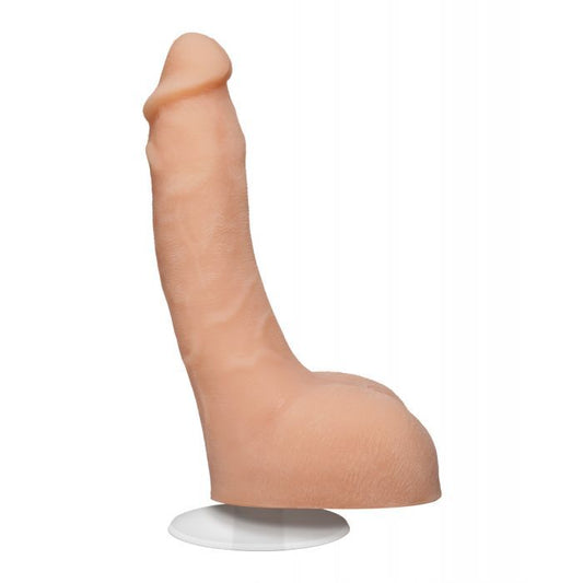 Side view of the dildo shows its natural curve, prominent head, and realistic testicles.