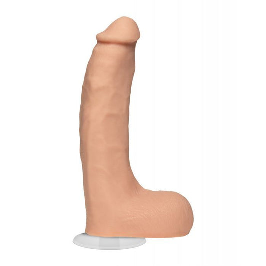 Side view of the dildo shows its natural curve, prominent head, and realistic testicles. 