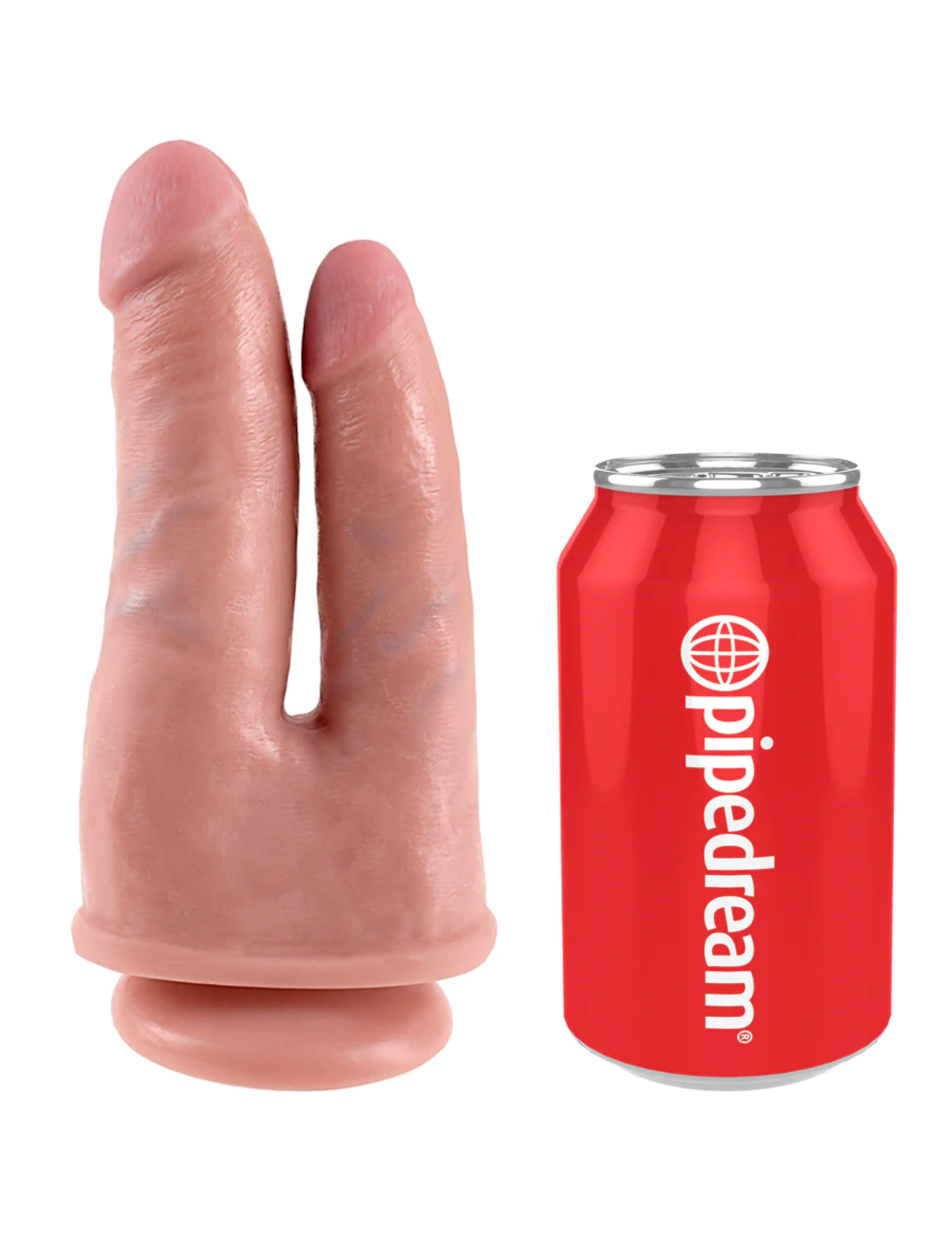 Photo shows the King Cock Double Penetrator Dildo from Pipedreams (vanilla) next to a 12oz soda can to show its size by comparison.
