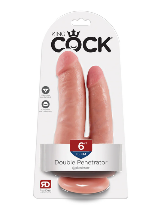 Photo of the package for the King Cock Double Penetrator Dildo from Pipedreams (vanilla).