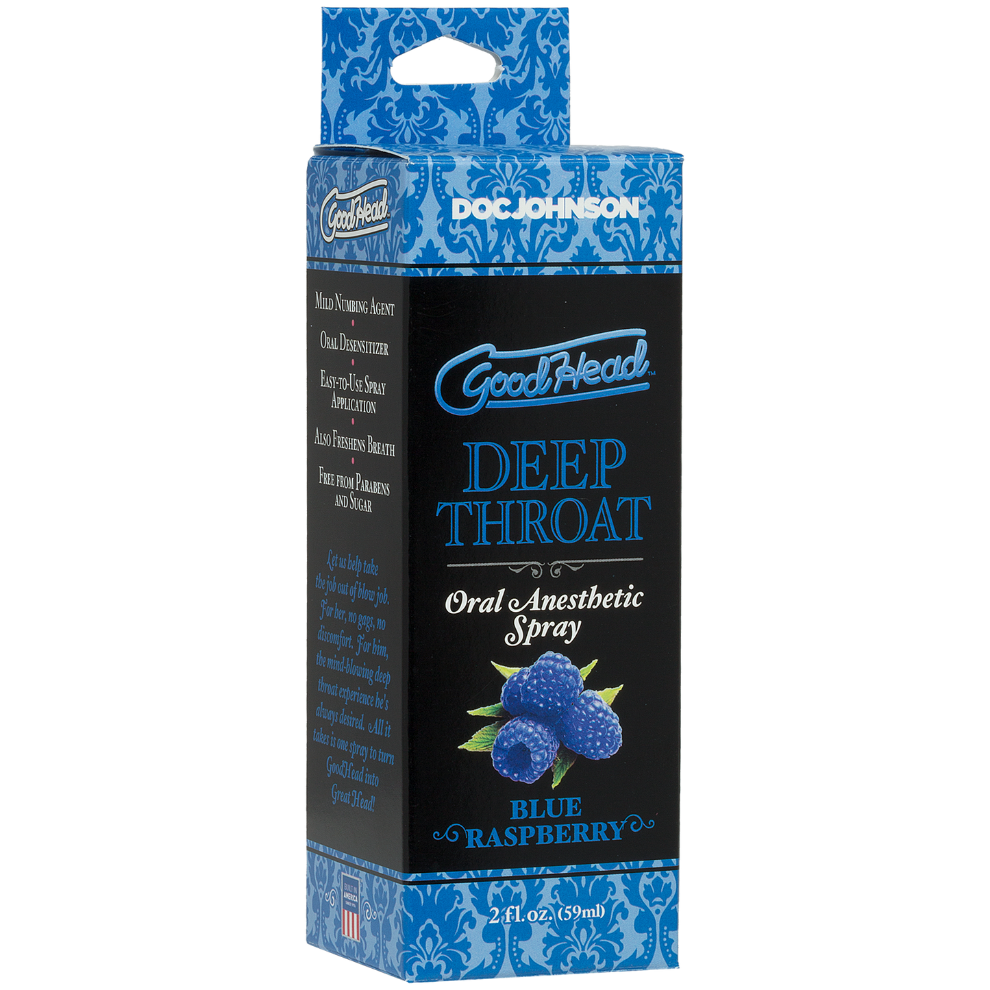 Deep Throat Oral Anesthetic Spray 2oz in its box (blue raspberry).