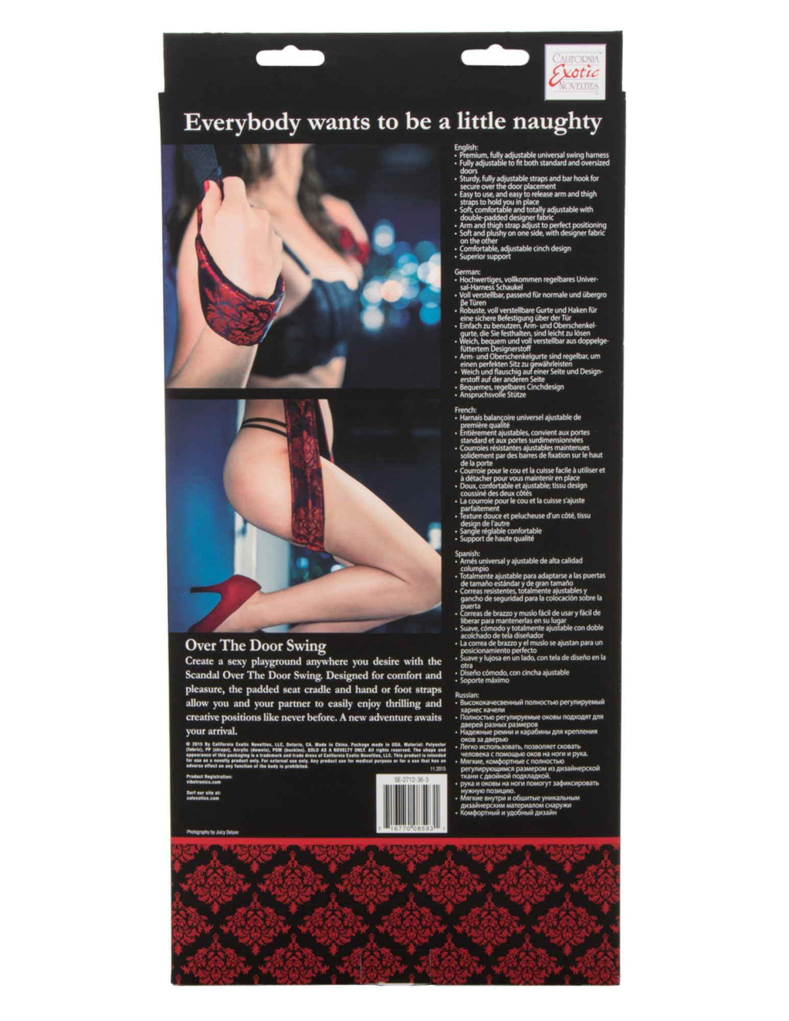 Photo of the back of the box for the Scandal Over the Door Swing (red/black) from CalExotics.