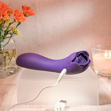 Image of the Thorny Rose Rechargeable Silicone Dual-Ended Vibrator and Clitoral Flicker from Evolved shows it with its charging cord.