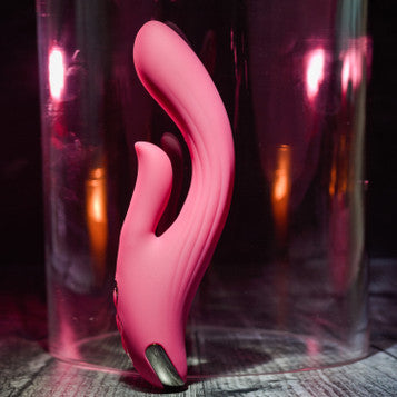 Side view of the Evolved Red Dream Rechargeable Silicone Dual Stimulating Vibrator.