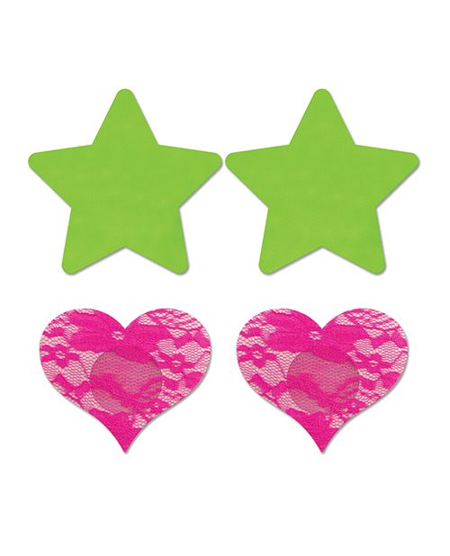 2 sets of pasties that come with the pack, green/star and pink lace/heart.