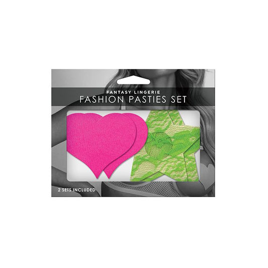 Fantasy Lingerie Fashion Pasties Set in UV Reactive Neon Heart and Lace Star style in its package (green/pink).