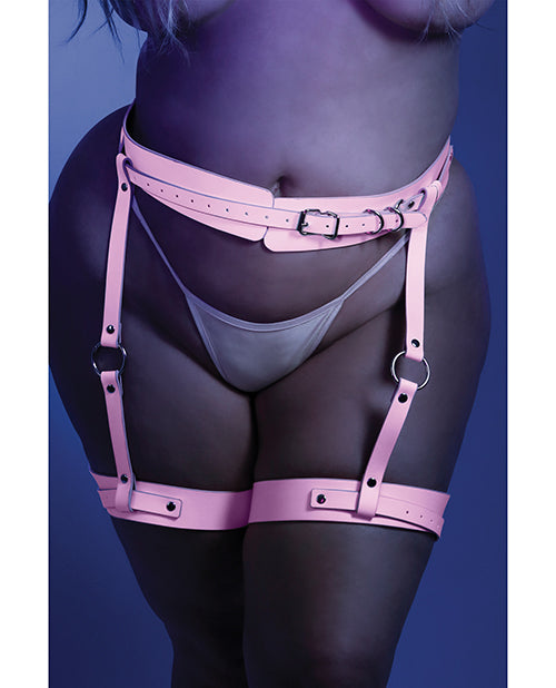 Photo of the front of a woman wearing the leg harness (panties not included) shown on a queen size model (O/S piece).