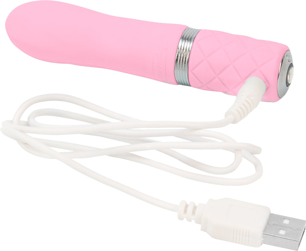 Photo shows where to plug the USB charging cord into the toy (pink).